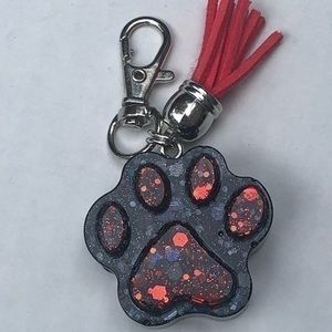 Handmade Black & Red Glitter Resin Dog & Cat Paw Print Key Chain Bag Charm Pets